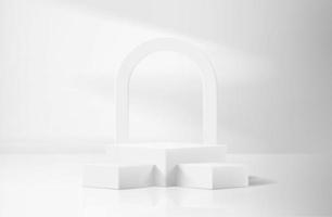 Abstract white realistic 3d corner cube pedestal podium with arch shape backdrop and shadow overlay. Abstract vector rendering geometric platform. Product display presentation. Minimal scene show case