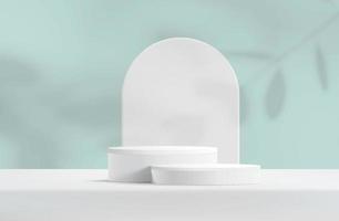 Abstract white realistic 3d cylinder pedestal podium with arch shape backdrop. Abstract vector rendering geometric platform with leaf shadow overlay. Product display presentation. Minimal scene.