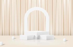 Abstract white realistic 3d cylinder pedestal podium with fabric backdrop. Abstract vector rendering geometric platform with shadow overlay. Product display presentation. Minimal scene.
