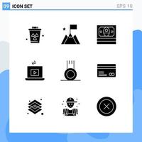 Set of 9 Vector Solid Glyphs on Grid for gym exercise cash play video Editable Vector Design Elements