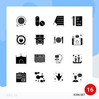 Modern Set of 16 Solid Glyphs Pictograph of heart html construction development coding Editable Vector Design Elements