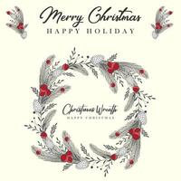 Christmas wreath with fir branches, leaves, pine cones and holly berries in the style of hand drawn floral ornament for your greeting cards vector