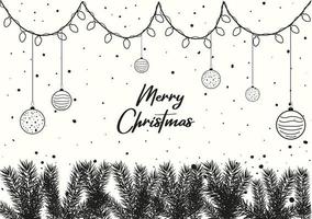 fondo de navidad dibujado a mano con bolas de rama de árbol de navidad y luces de navidad sobre fondo blanco vector