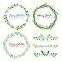 Christmas wreath and Christmas border set with fir branches, leaves and holly berries for greeting card and poster vector
