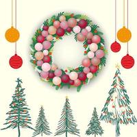 Christmas wreath with fir branches, leaves, balloons, Christmas and balls tree for greeting card and poster vector