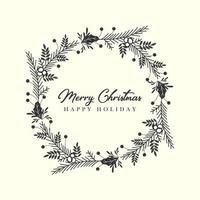 Christmas wreath with fir branches, leaves and holly berries in the style of hand drawn floral ornament for your greeting cards vector