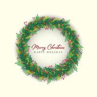 Christmas wreath with fir branches, leaves and holly berries for greeting card vector