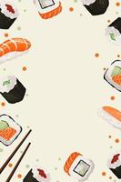 concepto publicitario mezcla diferente rollos de sushi japonés. pancarta, plantilla. ilustración vectorial vector