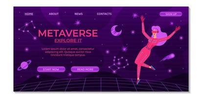 Metaverse digital cyber technology landing page template. Woman in VR glasses and VR suit. Cyberspace travel concept. Innovation network experience, AR gaming. Suitable for banner, ui, website design vector