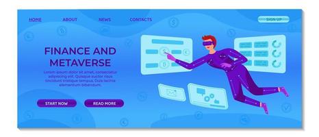 Finance and technology in Metaverse landing page template. Businessman in VR suit manages financial market trends, cryptocurrency on virtual screen. Suitable for ui, mobile app, website design, banner vector