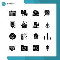 Vector Pack of 16 Glyph Symbols Solid Style Icon Set on White Background for Web and Mobile