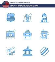 Set of 9 Modern Blues pack on USA Independence Day festivity barbeque chrysler day calendar Editable USA Day Vector Design Elements