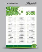 plantilla de calendario de escritorio de pared 2026, diseño de calendario de escritorio 2026, inicio de semana el domingo, volante de negocios, conjunto de 12 meses, semana comienza el domingo, organizador, planificador, medios de impresión, fondo verde, vector