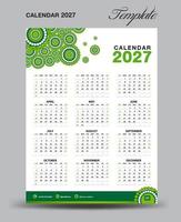 plantilla de calendario de escritorio de pared 2027, diseño de calendario de escritorio 2027, inicio de semana el domingo, volante comercial, conjunto de 12 meses, inicio de la semana el domingo, organizador, planificador, medios de impresión, fondo verde, vector