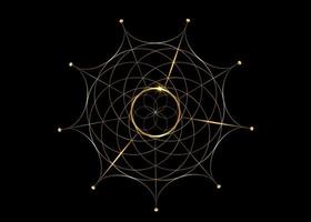 geometría sagrada de oro, símbolo de la semilla de la vida. icono del logotipo mandala mística geométrica de la flor esotérica de la alquimia de la vida. vector línea dorada arte tatuaje divino amuleto meditativo aislado sobre fondo negro