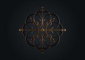 old gold sacred seal of powerful energy, ancient sigil for protection with geometric shapes and mystical arrows, vector golden cross symbol isolated on black background