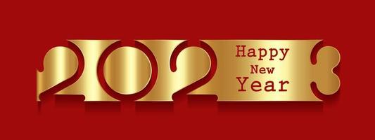 2023 New Year gold logo banner design. Holiday greeting card. Vector illustration. Holiday design for greeting card, invitation, calendar, party, golden holiday label isolated on red background