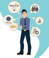 Businessman is thinking about a startup. Vector isolated illustration with character and stickers on startup theme. Business, team, money.