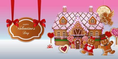 Valentine's day background with gingerbread cookies and candies. Gingerbread landscape with a house and a loving couple. vector