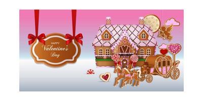 Valentine's day background with gingerbread cookies. gingerbread landscape with heart shaped carriage and house vector