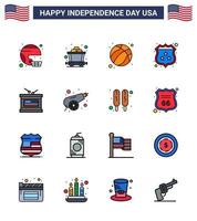 Flat Filled Line Pack of 16 USA Independence Day Symbols of drum shield rail security usa Editable USA Day Vector Design Elements