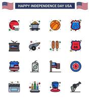 Flat Filled Line Pack of 16 USA Independence Day Symbols of drum shield rail security usa Editable USA Day Vector Design Elements