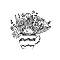 Flowers and leaves in cup vector line illustration for wallpaper, pattern fills, web page background, surface textures.