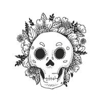 Skull, flowers and herbs vector outline illustration for wallpaper, pattern fills, web page background, surface textures.