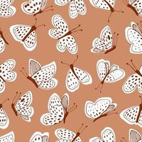 White moths on a terracotta color background vector seamless pattern. Line and spot.