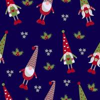 Seamless pattern with cute Christmas gnomes. Gnomes with beard, cap and red boots. Stylish dwarves. Cute New Year pattern with blue background. Print for wrapping paper, textiles, children's clothes. vector