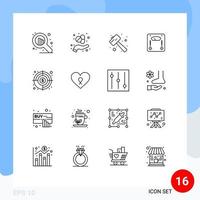 Pictogram Set of 16 Simple Outlines of goal weight mallet weighing machine Editable Vector Design Elements