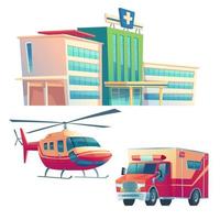 Hospital building, ambulance car and helicopter vector