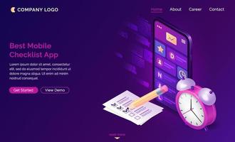 Checklist isometric landing page, mobile app. vector