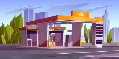 Gas station with oil pump and market in city vector