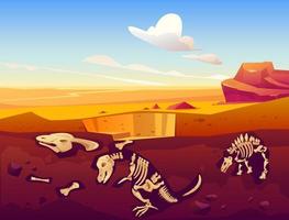 excavación de dinosaurios fósiles en el desierto de arena vector