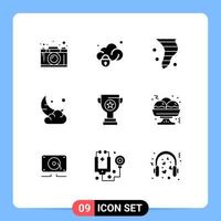 Modern Set of 9 Solid Glyphs Pictograph of cloud cresent secure moon weather Editable Vector Design Elements