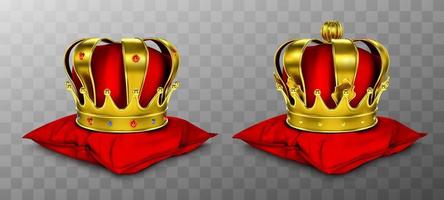Gold royal crown for king and queen on red pillow vector