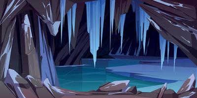 Ice cave in mountain, grotto with frozen lake vector