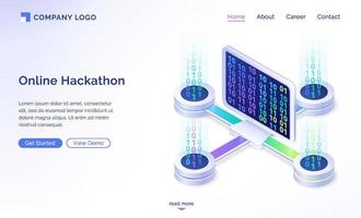 Online hackathon isometric landing page, banner vector