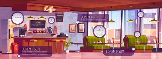 Coffee shop interior with infographic elements vector