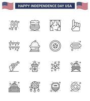 Big Pack of 16 USA Happy Independence Day USA Vector Lines and Editable Symbols of paper festival leisure american hand Editable USA Day Vector Design Elements