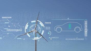 elettrico veicolo auto nel il ologramma su un' vento turbina con ambiente ecologia cartello ologramma sostenibile pulito energia. video