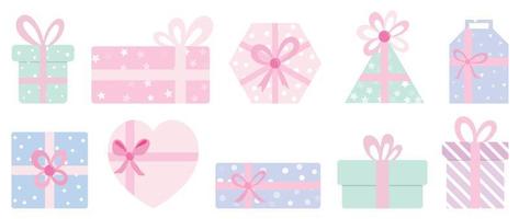 Pastel color gift boxes set with ribbon bow vector illustration. Collection of pastel decorative presents in different shape on white background. Design for card, poster, birthday, banner, decoration.