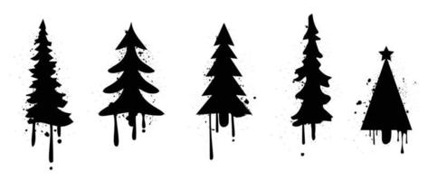 Set of christmas elements spray paint vector. Graffiti, grunge, silhouette elements of christmas trees, pine trees isolated on white background. Design illustration for decoration, card, sticker. vector