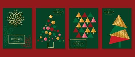 conjunto de vector de diseño art deco de tarjeta de invitación de Navidad de lujo. copo de nieve de forma geométrica decorativa y árbol en oro degradado, rojo y verde. diseño para portada, tarjeta de felicitación, impresión, publicación, sitio web.