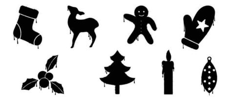 Set of black christmas elements spray paint vector. Graffiti, grunge,  silhouette elements of sock, reindeer, holly isolated on white background. Design illustration for decoration, card, sticker. vector