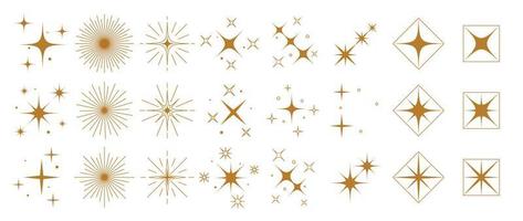 Set of gold sparkle vector illustration. Luxury geometric gold line star and sparkle in different styles isolated on white background. Art design for sticker, decoration, festive party invitation.