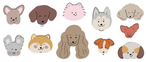 Cute and smile dog heads doodle vector set. Comic happy dog faces character design of husky, poodle, shiba with flat color isolated on white background. Design illustration for sticker, comic, print.