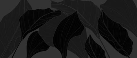 vector de fondo negro de hojas tropicales. elegante fondo de hojas botánicas naturales dibujadas a mano negra. ilustración de diseño para decoración, decoración de paredes, papel pintado, portada, pancarta, afiche, tarjeta.