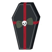 Scary Christmas illustration. Hand drawn black coffin present with ribbon and bow. Spooky vector illustration. Isolated on white background.